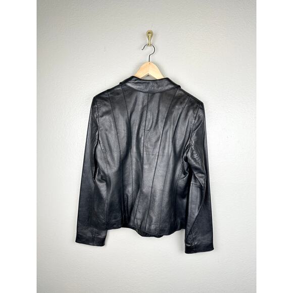 Vintage Y2K 100% Leather Black Blazer Two Button Up Minimalist Jacket Medium - Picture 7 of 12